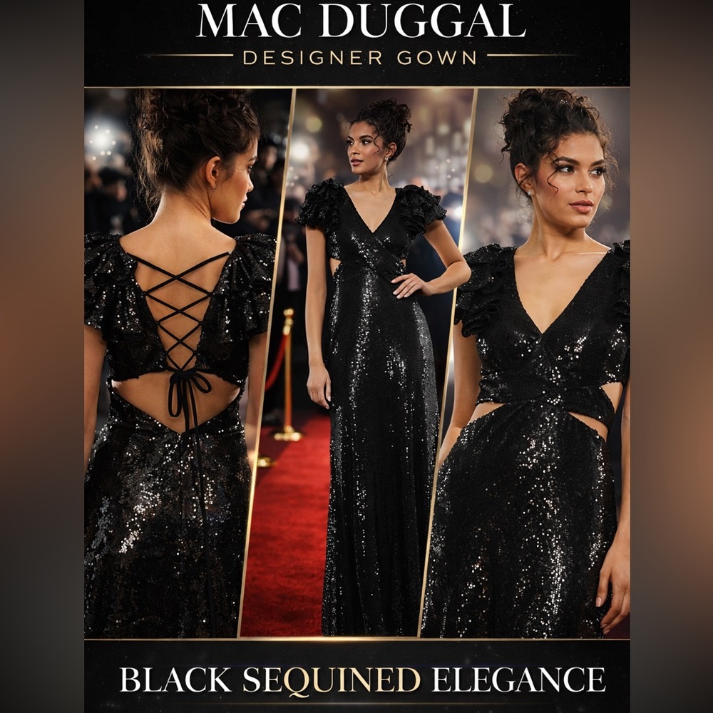 Mac Duggal Black Sequin Ruffle Cutout Back Gown NWT Dress 0 NWOT Prom Gala